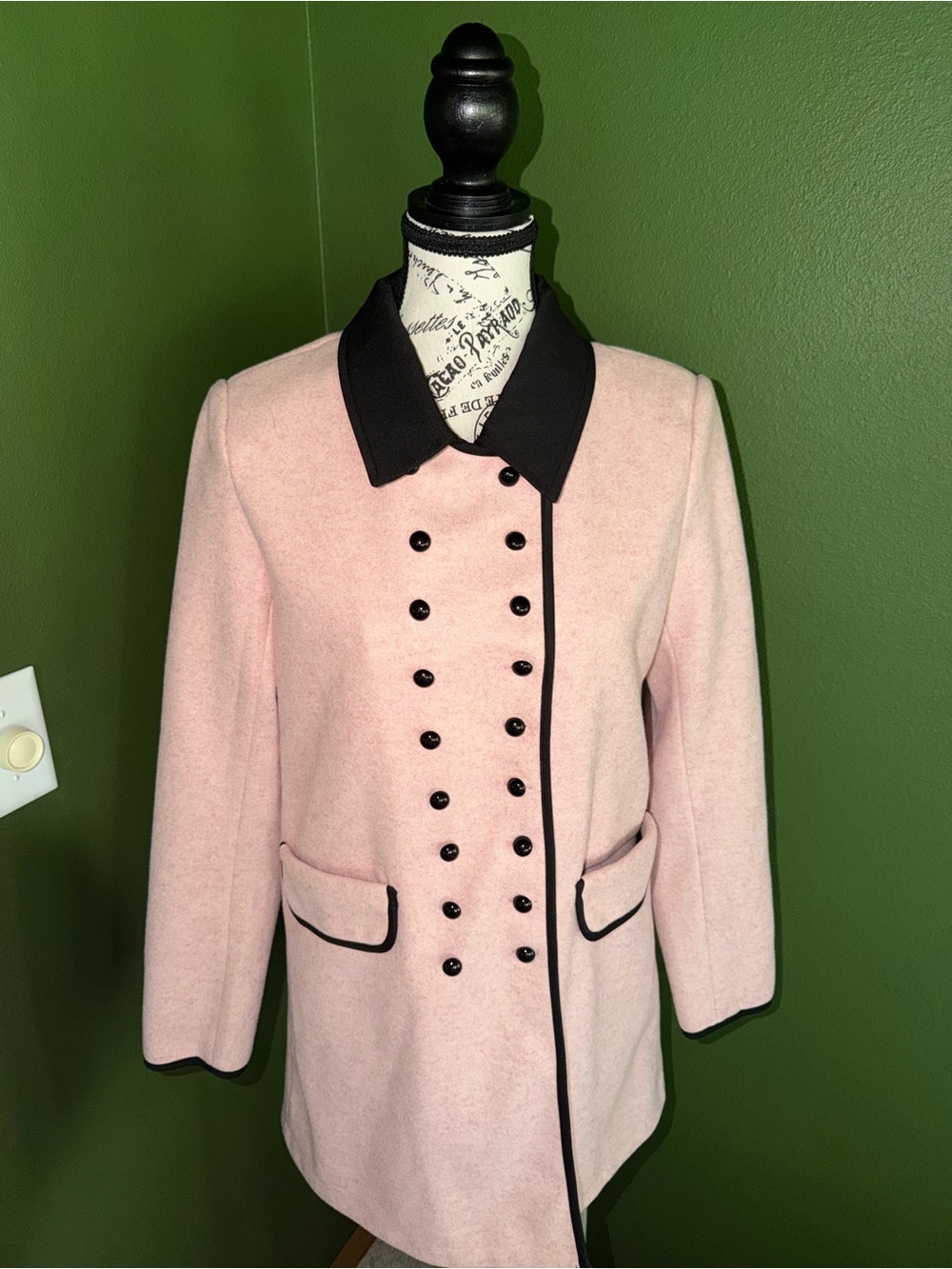 Double-Breasted Pink Pea Coat with Black Trim — Women’s Tailored Peacoat